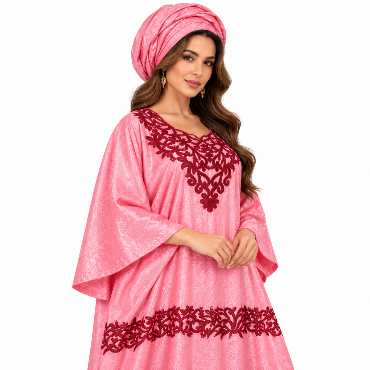 Pink Burgundy Embroidered Flowing Baju Kaftan