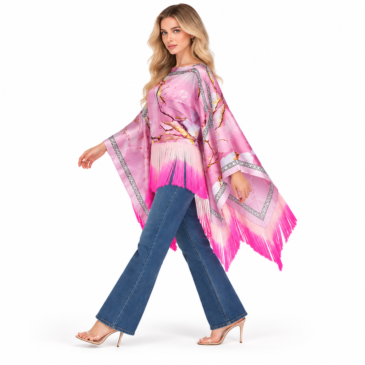 Elegant Pink Floral Fringe Kaftan Tops