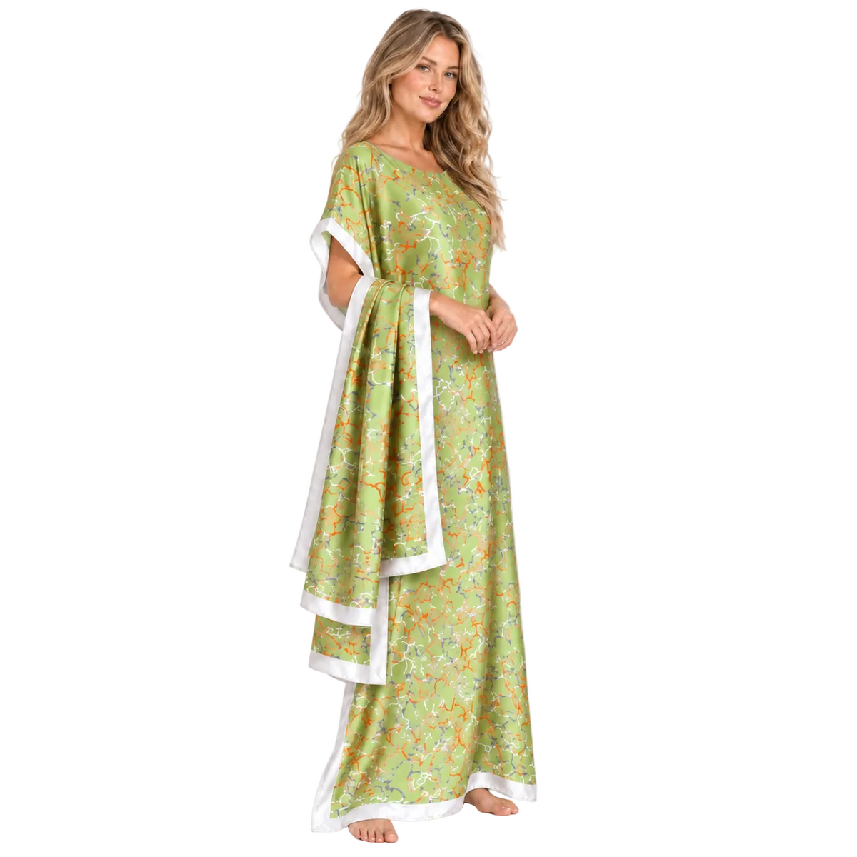 Light Green Printed Silk Satin Kaftan