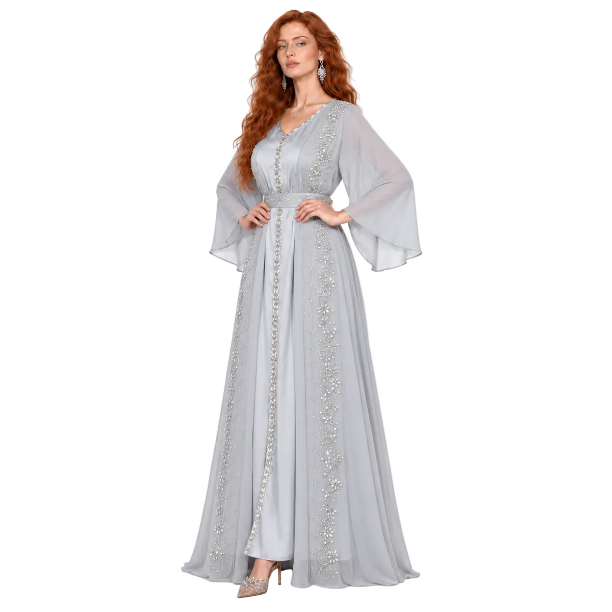 Elegant Silver Grey Embellished Kaftan Lebaran