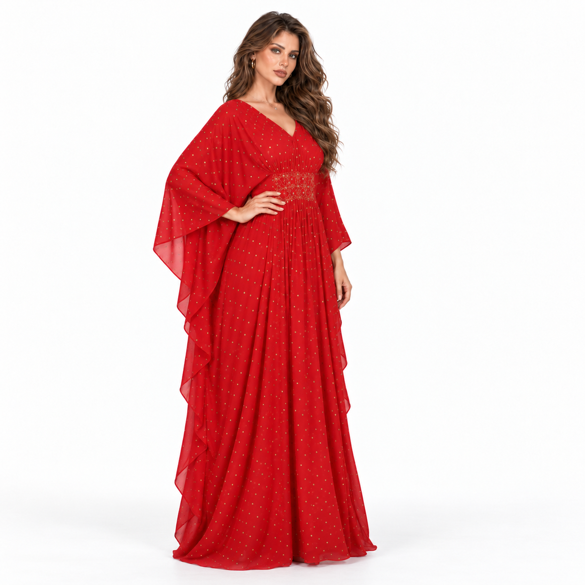 Red Gold Embellished Chiffon Elegant Kaftan