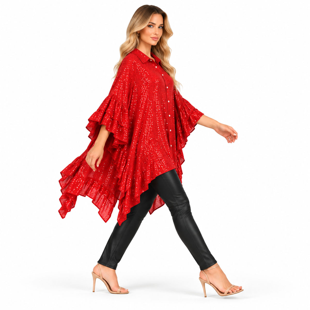 Elegant Red Sequin Ruffle Kaftan Top