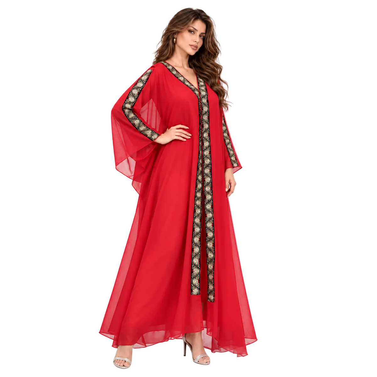 Red Gold Embroidered Chiffon Elegant Kaftan