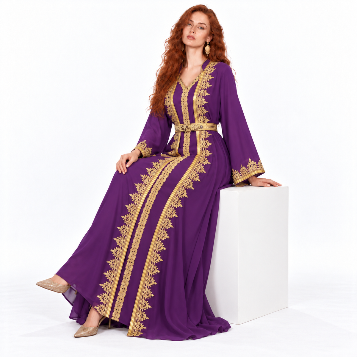 Elegant Purple Gold Embroidered Lebaran Kaftan