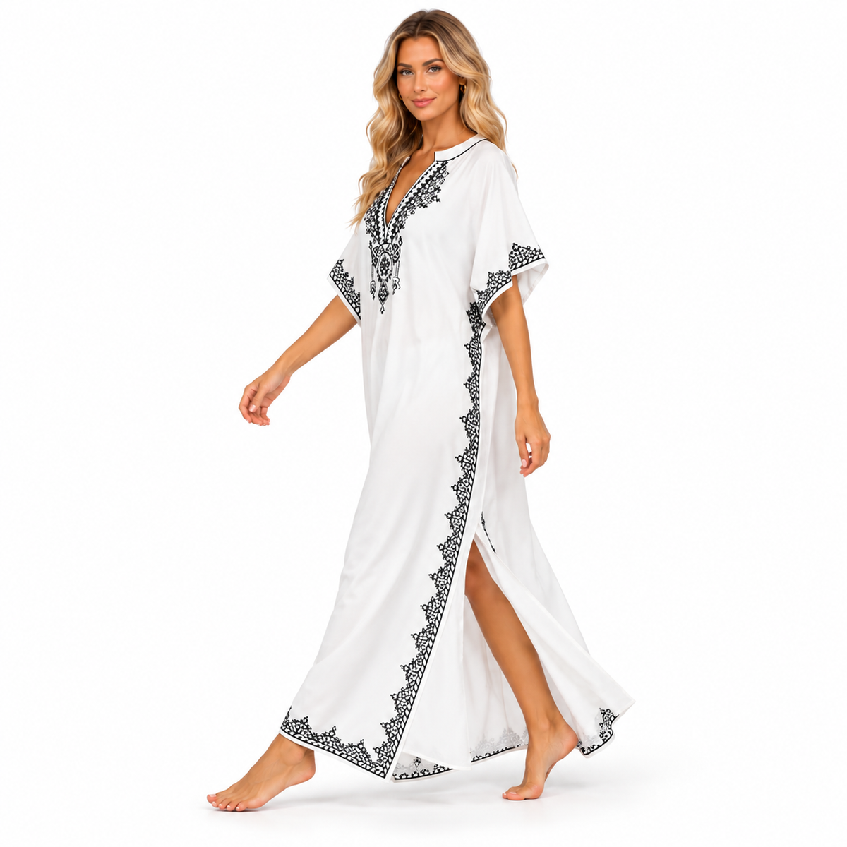 Elegant White Black Embroidered Modern Kaftan