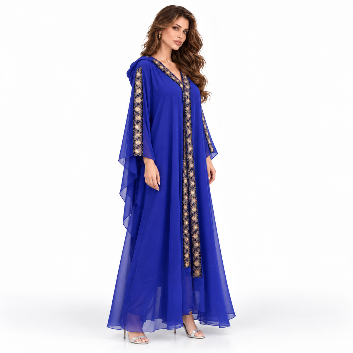 Royal Blue Embroidered Hooded Elegant Kaftan