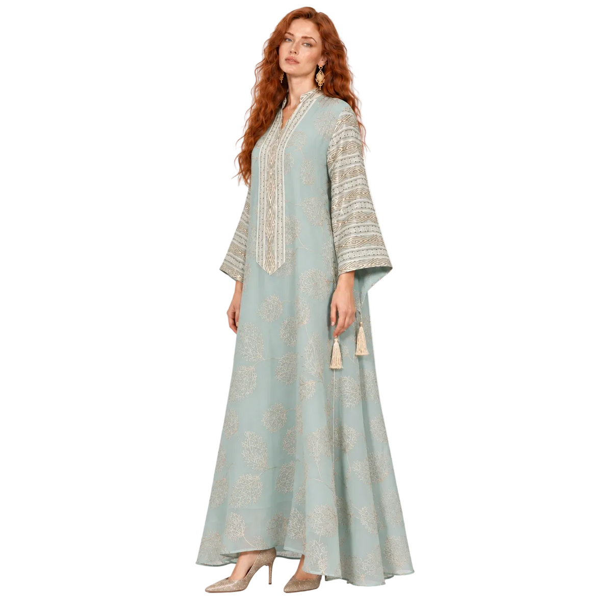 Elegant Green Gold Embroidered Kaftan Lebaran