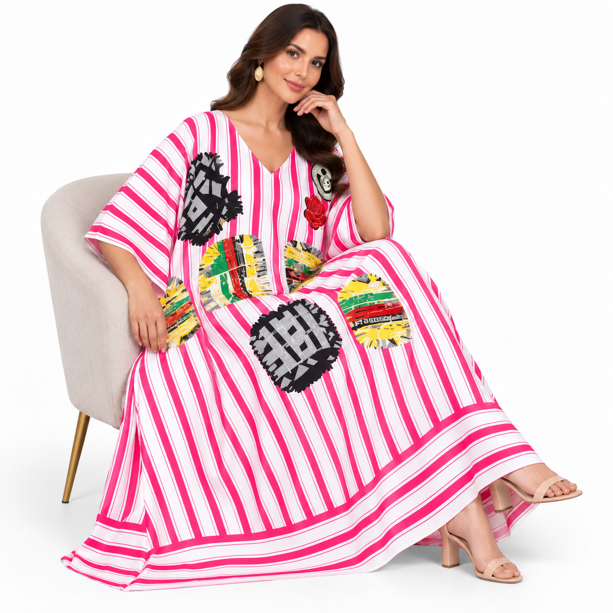Pink White Striped Artistic Baju Kaftan