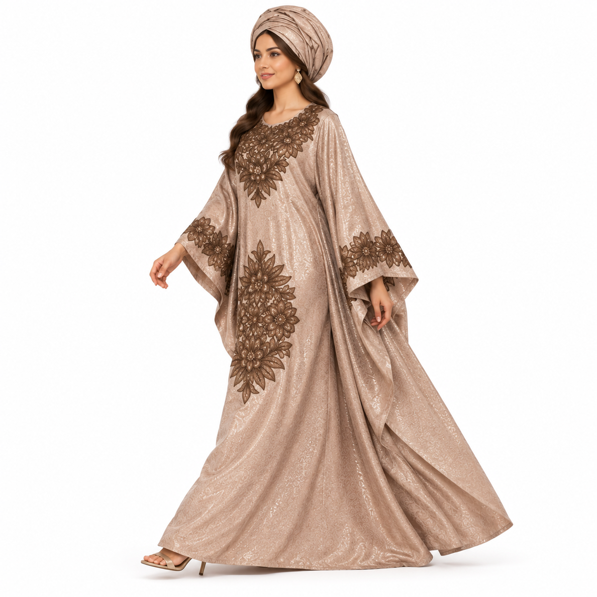 Shimmering Taupe Floral Embroidered Baju Kaftan