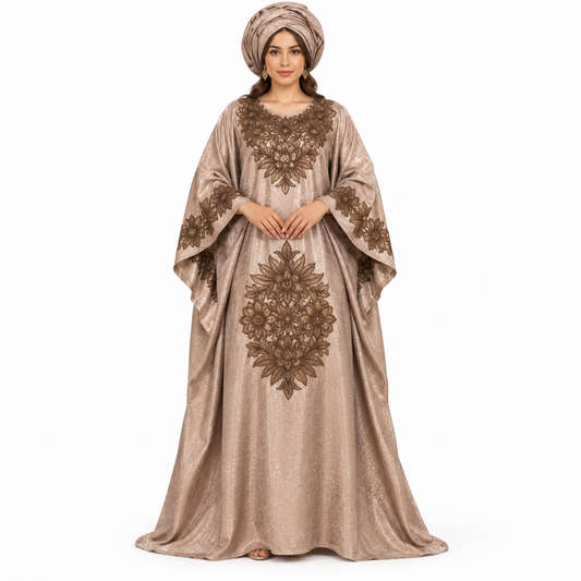Shimmering Taupe Floral Embroidered Baju Kaftan