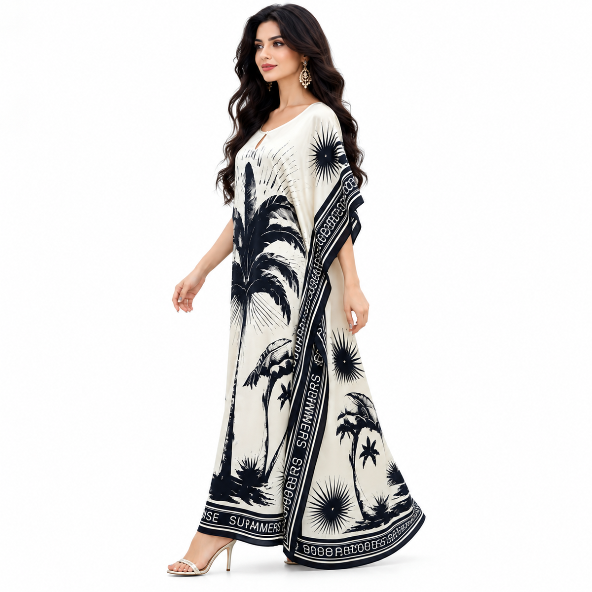 Champagne Tropical Print Relaxed Baju Kaftan