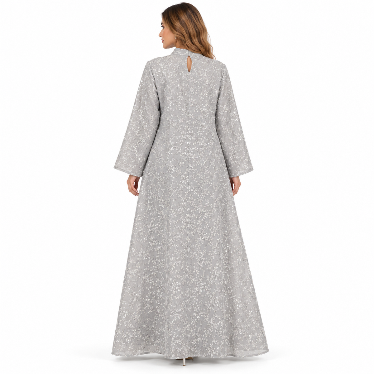 Elegant Silver Grey Embroidered Sequin Kaftan