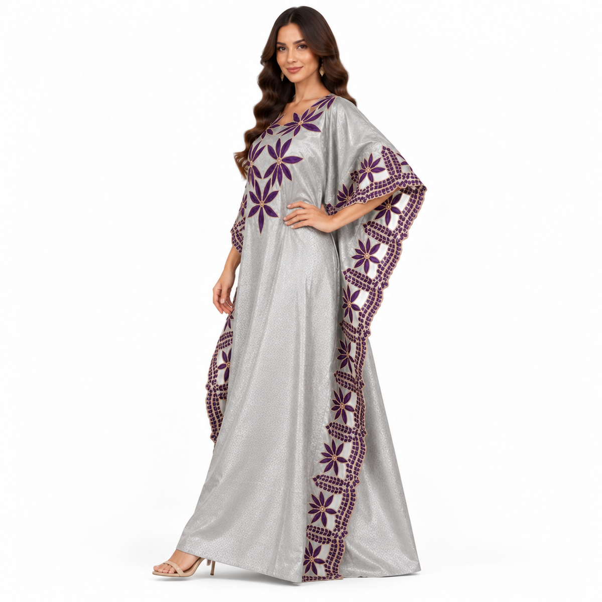 Silver Purple Floral Embroidered Baju Kaftan