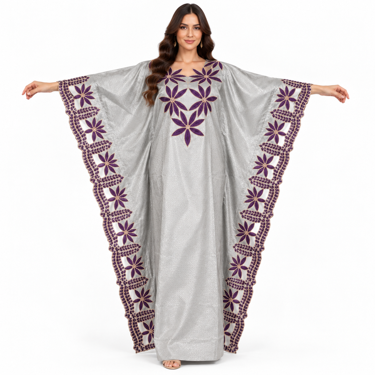 Silver Purple Floral Embroidered Baju Kaftan