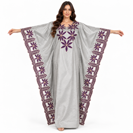 Silver Purple Floral Embroidered Baju Kaftan