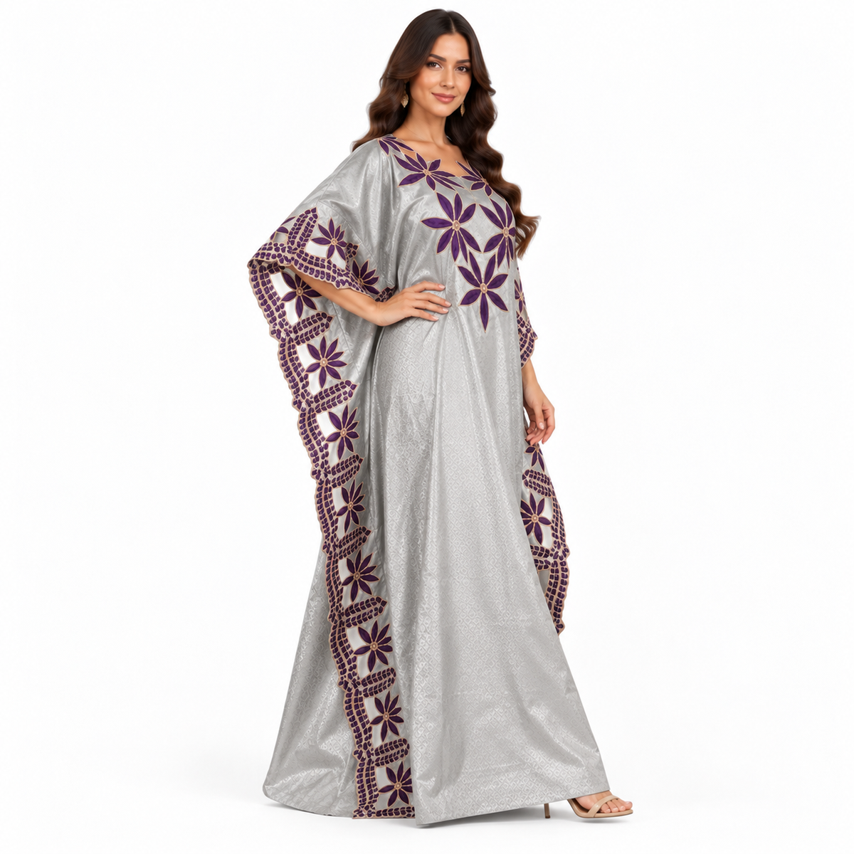 Silver Purple Floral Embroidered Baju Kaftan