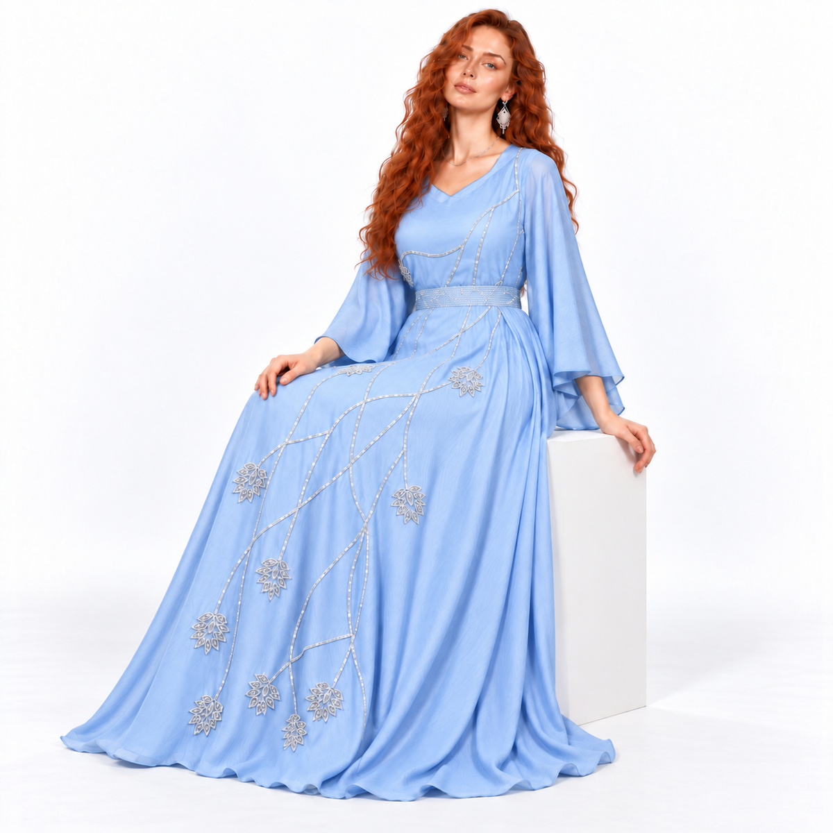 Light Blue Embroidered Elegant Lebaran Kaftan