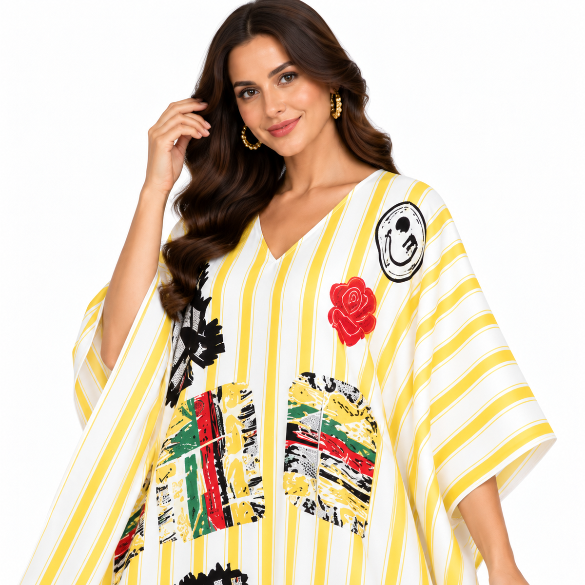 Yellow White Striped Artistic Baju Kaftan