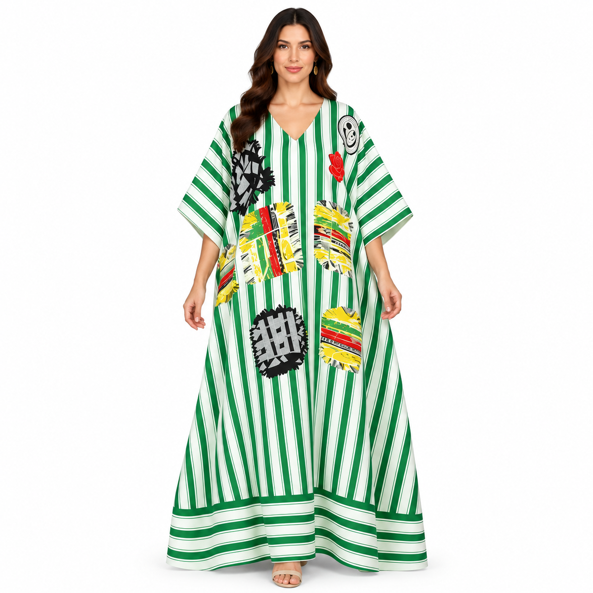 Green White Striped Artistic Baju Kaftan