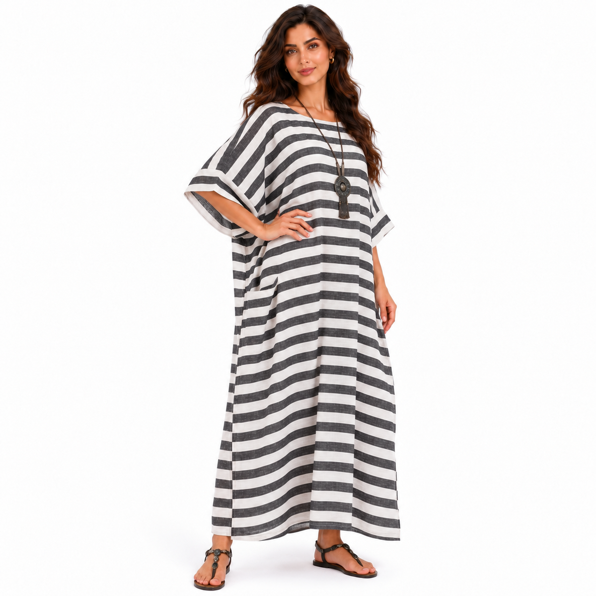 Elegant Black Striped Relaxed Linen Kaftan
