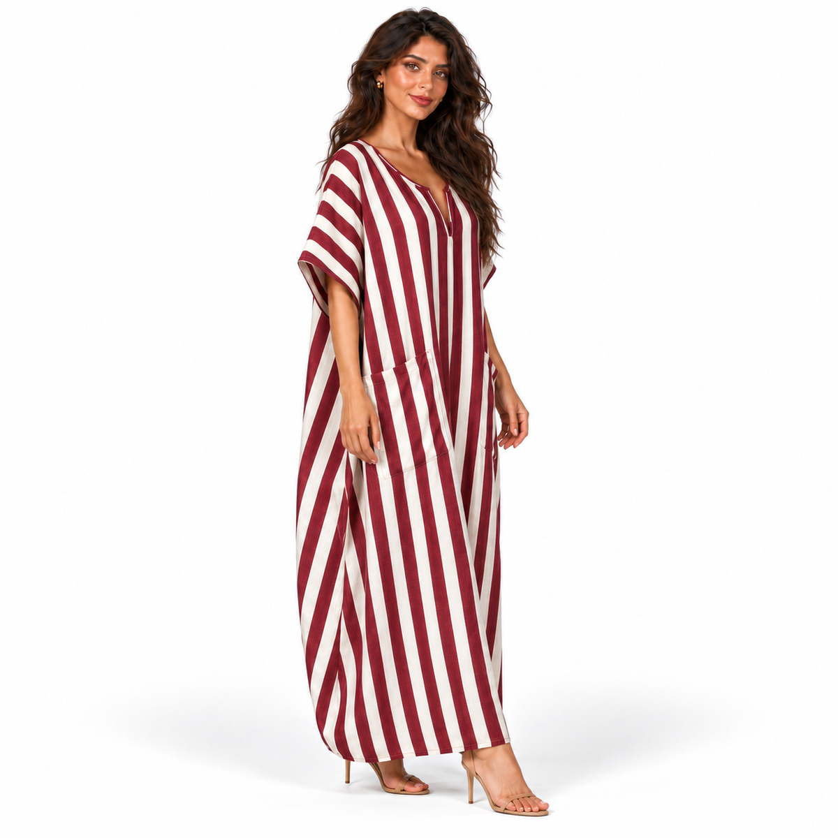 Elegant Burgundy Striped Linen Maxi Kaftan