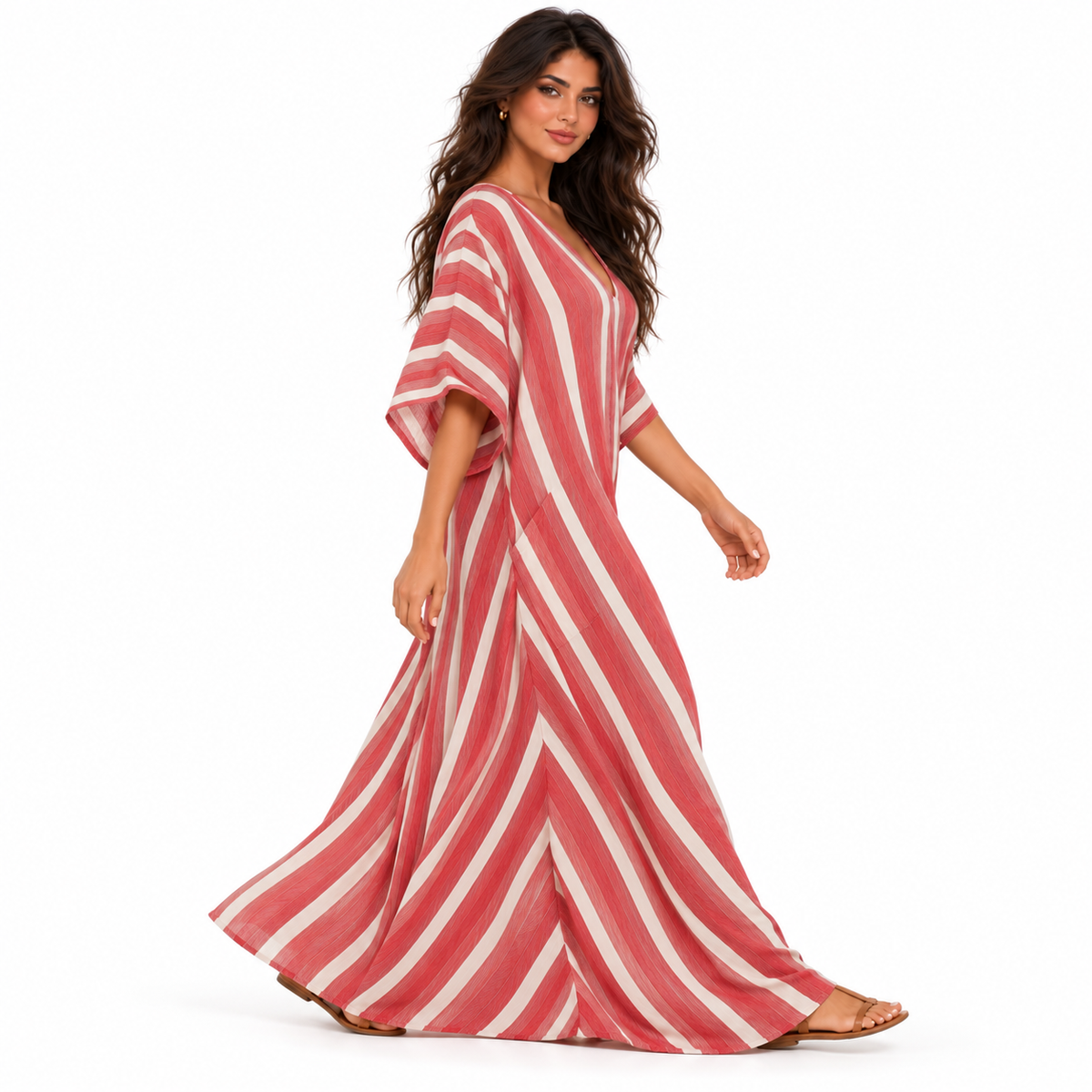Red And White Striped Linen Kaftan