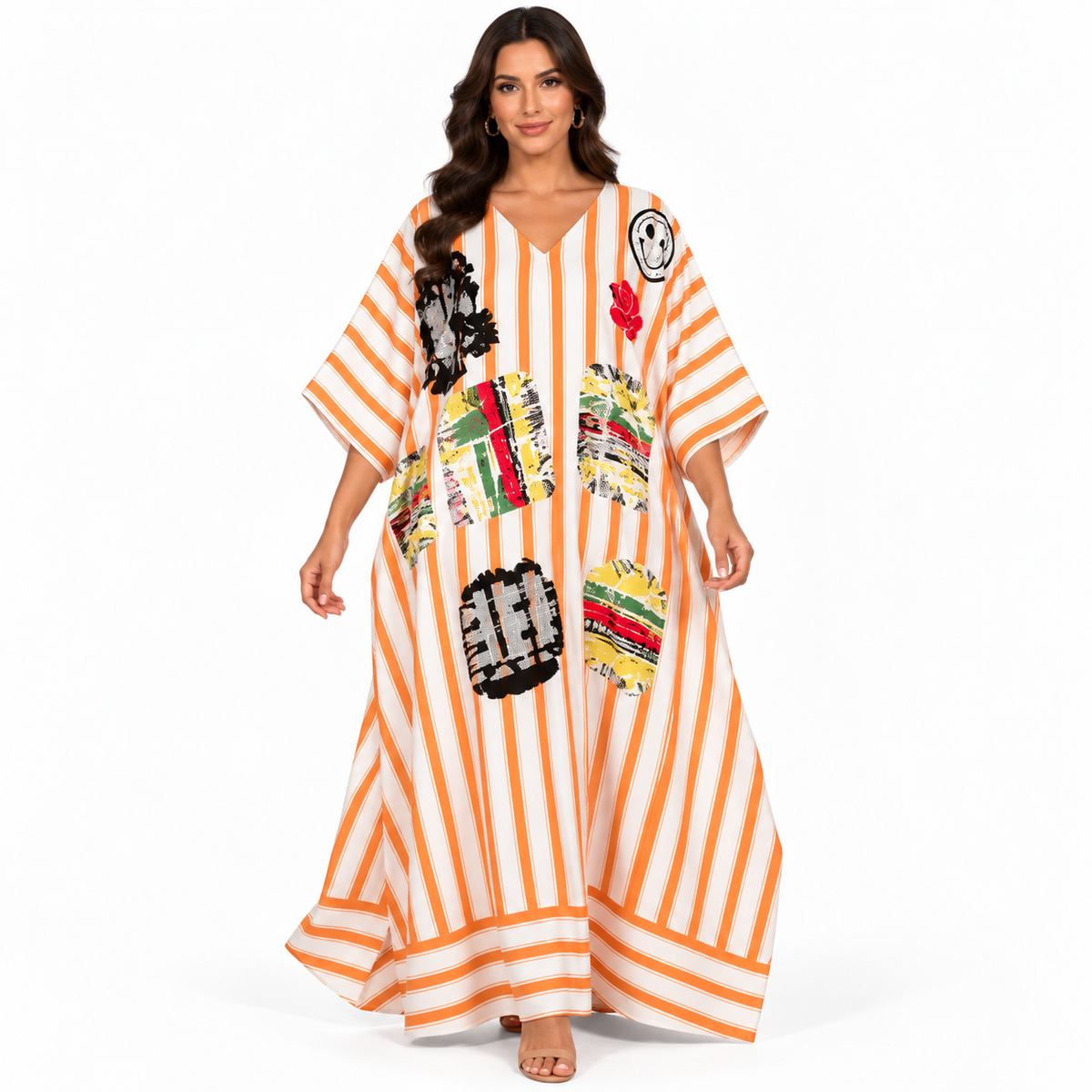 Orange White Striped Artistic Baju Kaftan