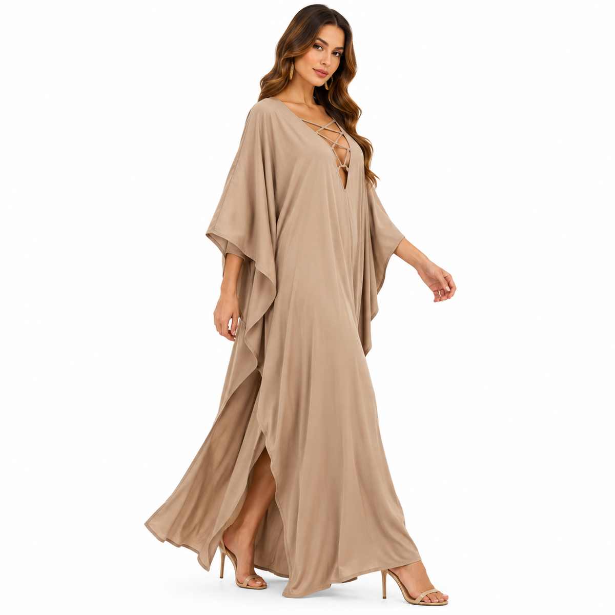 Taupe Lace-Up Flowing Baju Kaftan