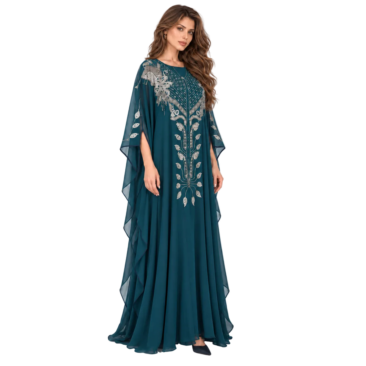 Teal Silver Embellished Flowing Elegant Kaftan