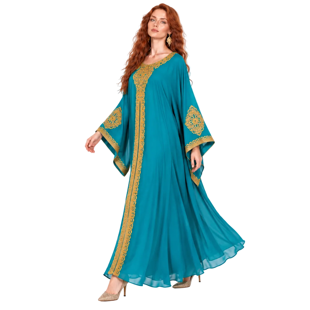 Blue Gold Embroidered Elegant Lebaran Kaftan