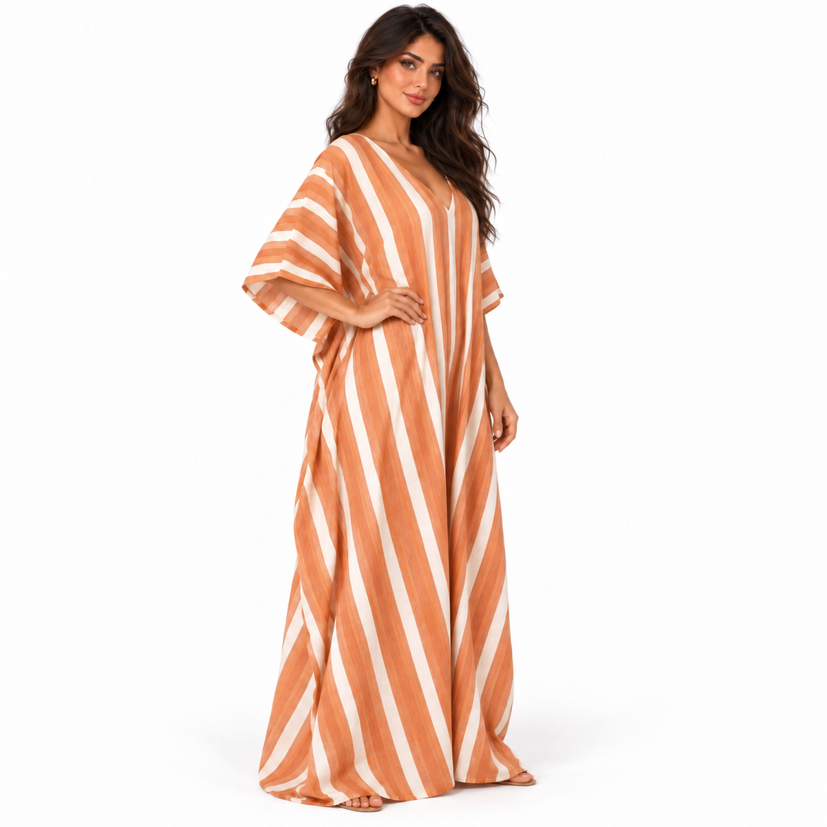 Elegant Orange Striped Linen Kaftan Dress