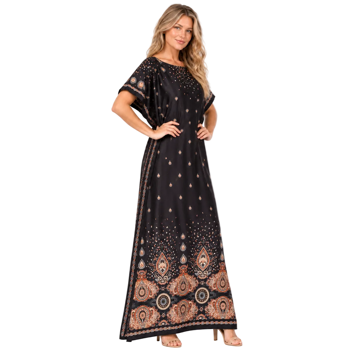Black Paisley Print Silk Satin Kaftan