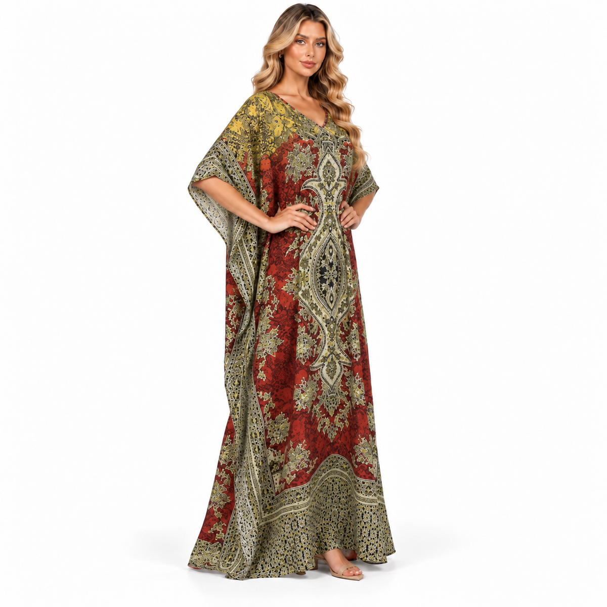 Yellow Ornate Paisley Printed Modern Kaftan