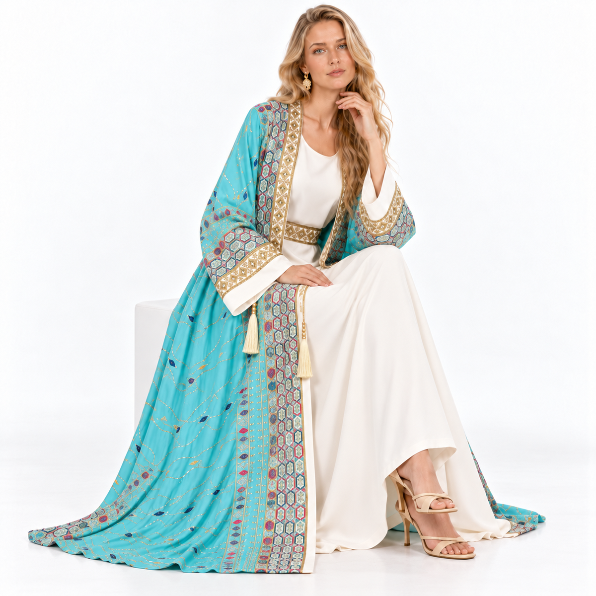 Blue Embroidered Two Piece Gamis Kaftan