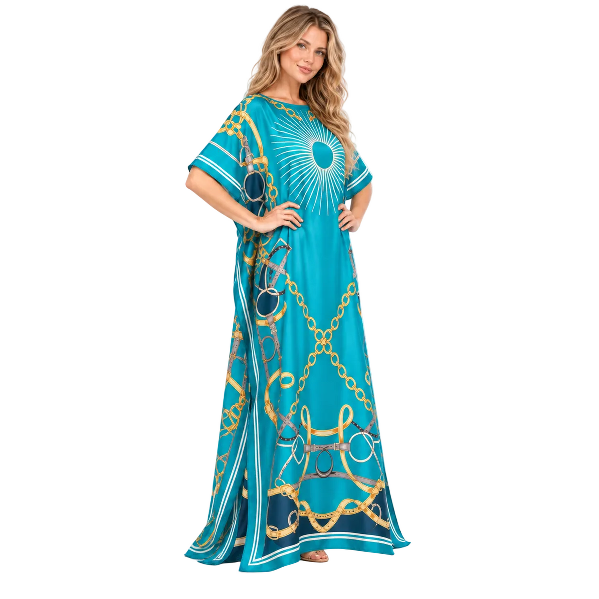 Sky Blue Gold Chain Silk Satin Kaftan