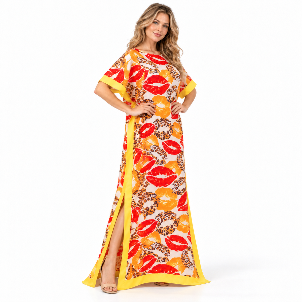 Yellow Leopard Print Silk Satin Kaftan