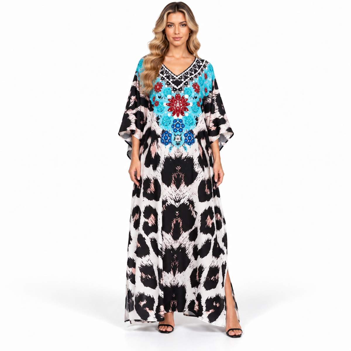 Elegant Turquoise Floral Print Modern Kaftan