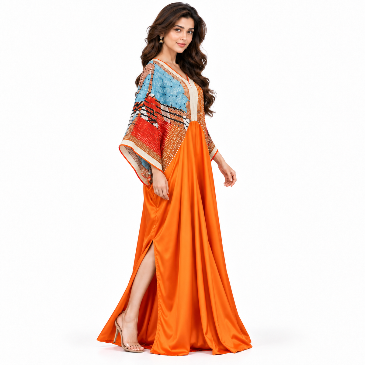 Elegant Orange Multicolor Pakistani Kaftan Dress