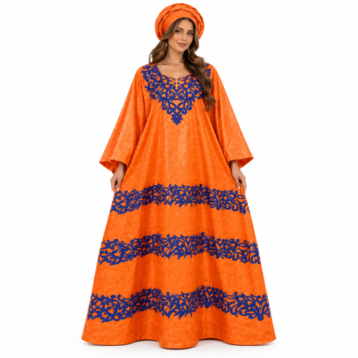 Orange Blue Embroidered Flowing Baju Kaftan