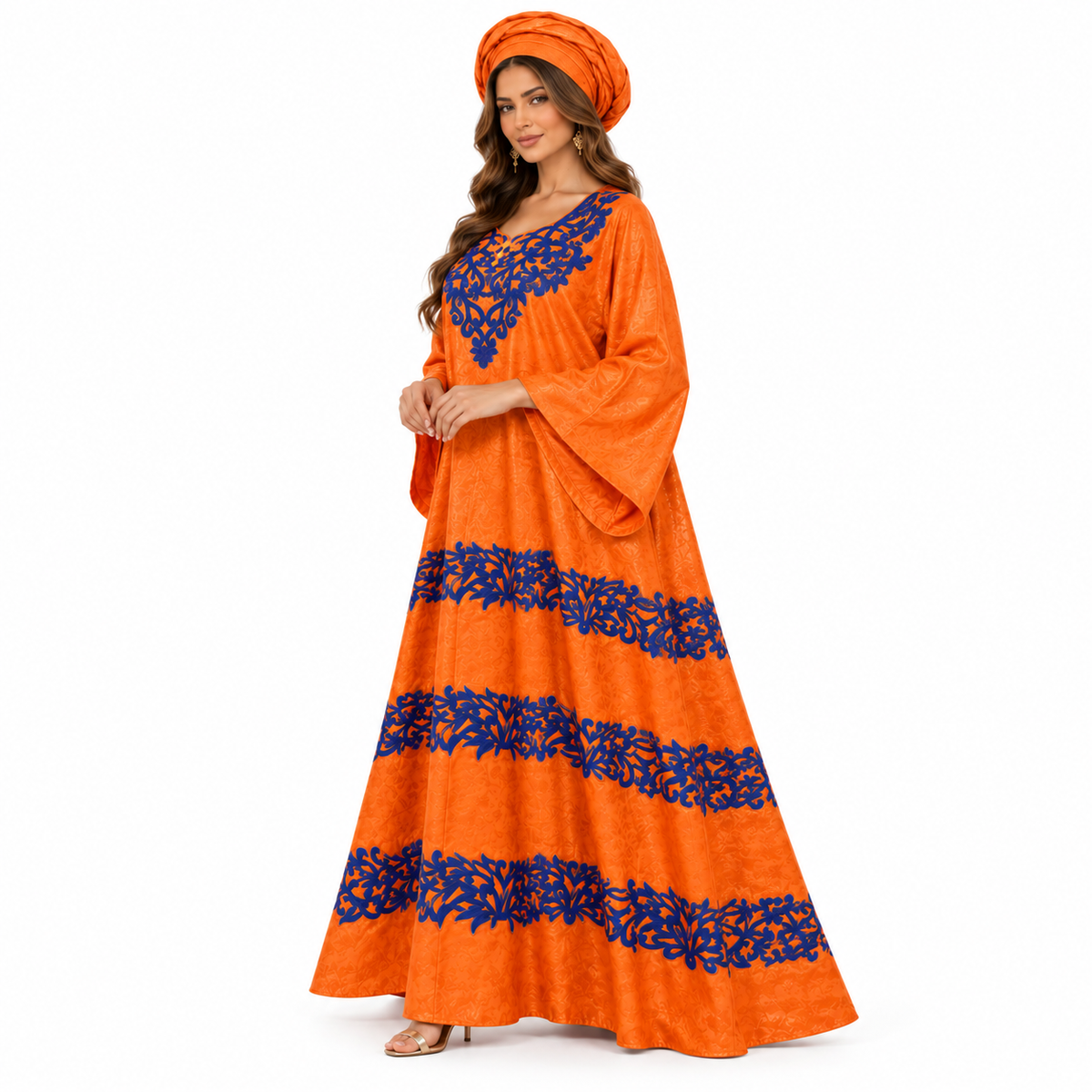 Orange Blue Embroidered Flowing Baju Kaftan