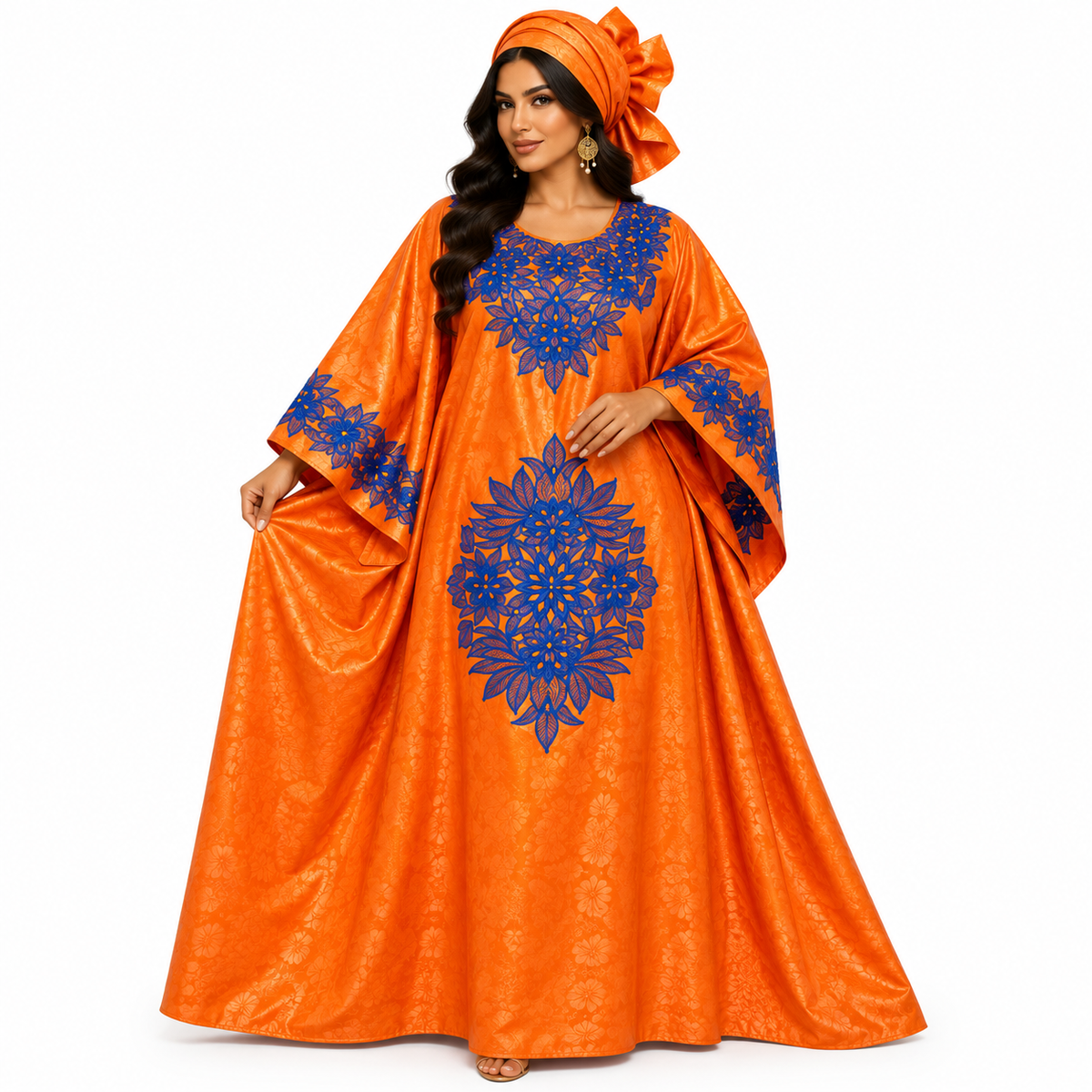 Orange Blue Embroidered Luxury Baju Kaftan