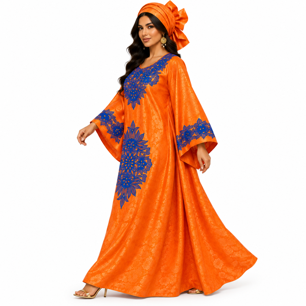 Orange Blue Embroidered Luxury Baju Kaftan