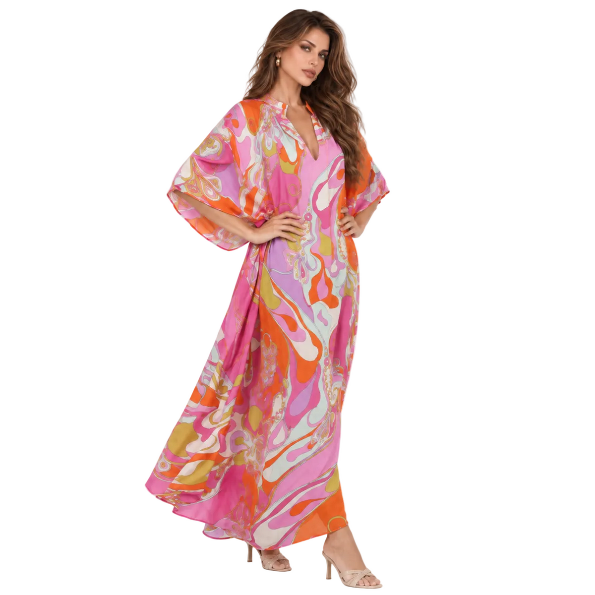 Pink Orange Swirl Print Elegant Kaftan