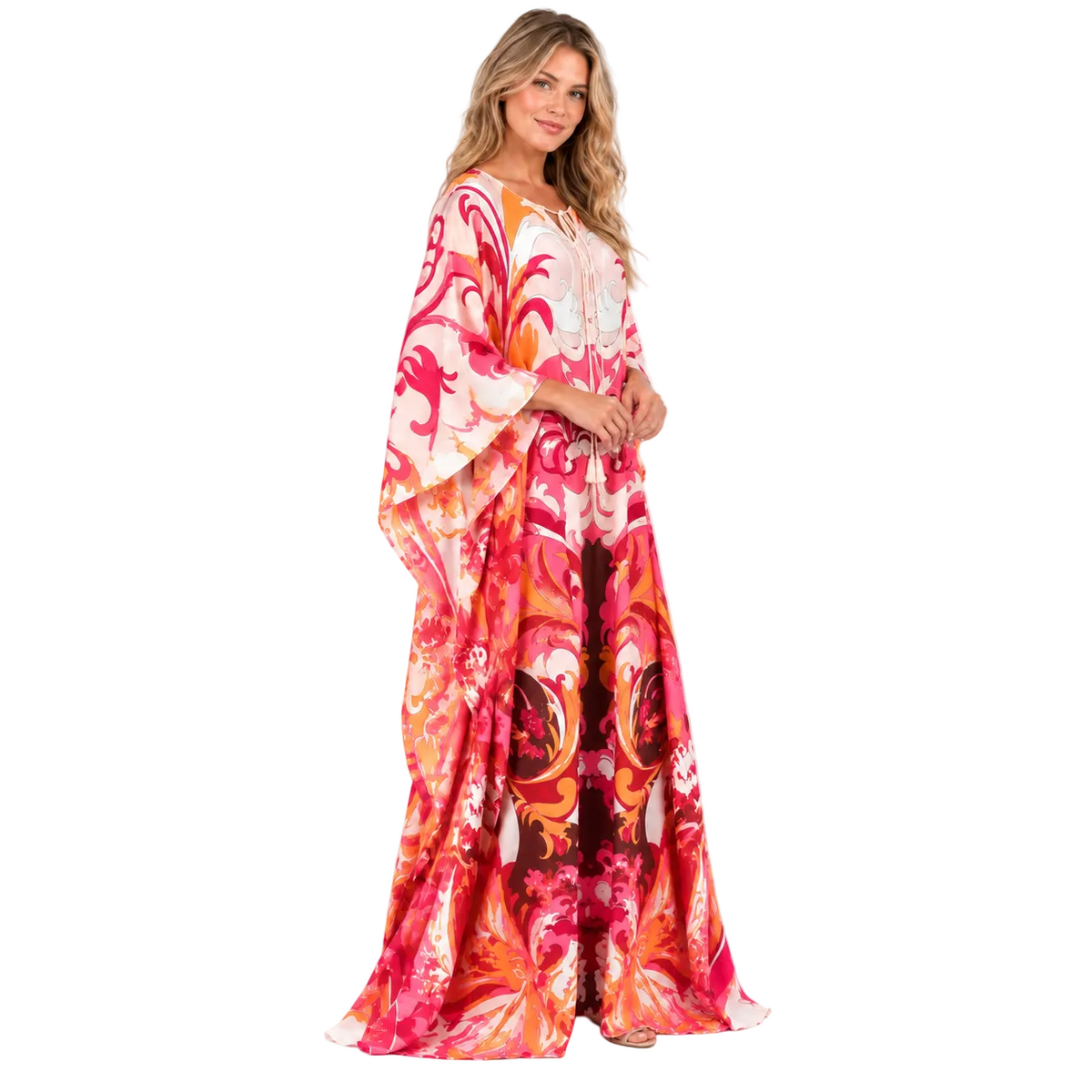Coral Red Floral Silk Satin Kaftan