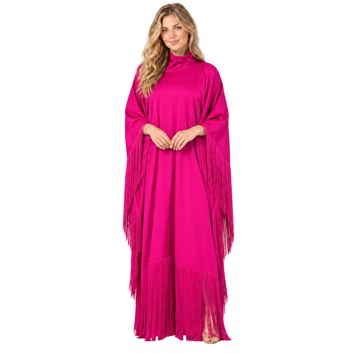 Elegant Rose Pink Fringe Detail Kaftan
