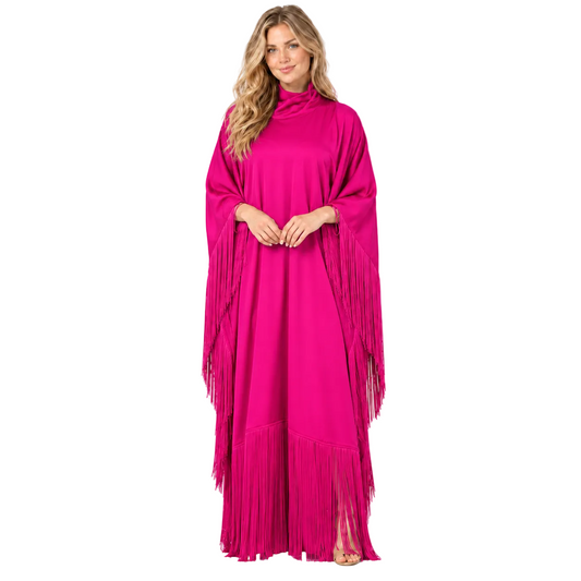 Elegant Rose Pink Fringe Detail Kaftan