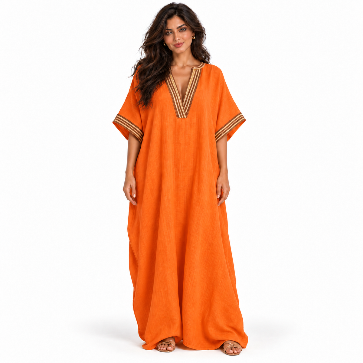 Orange Linen Kaftan With Elegant Embroidery