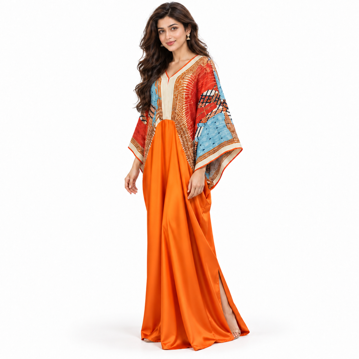 Elegant Orange Multicolor Pakistani Kaftan Dress