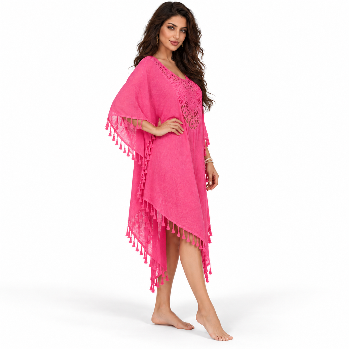 Rose Red Crochet Tassel Beach Kaftan