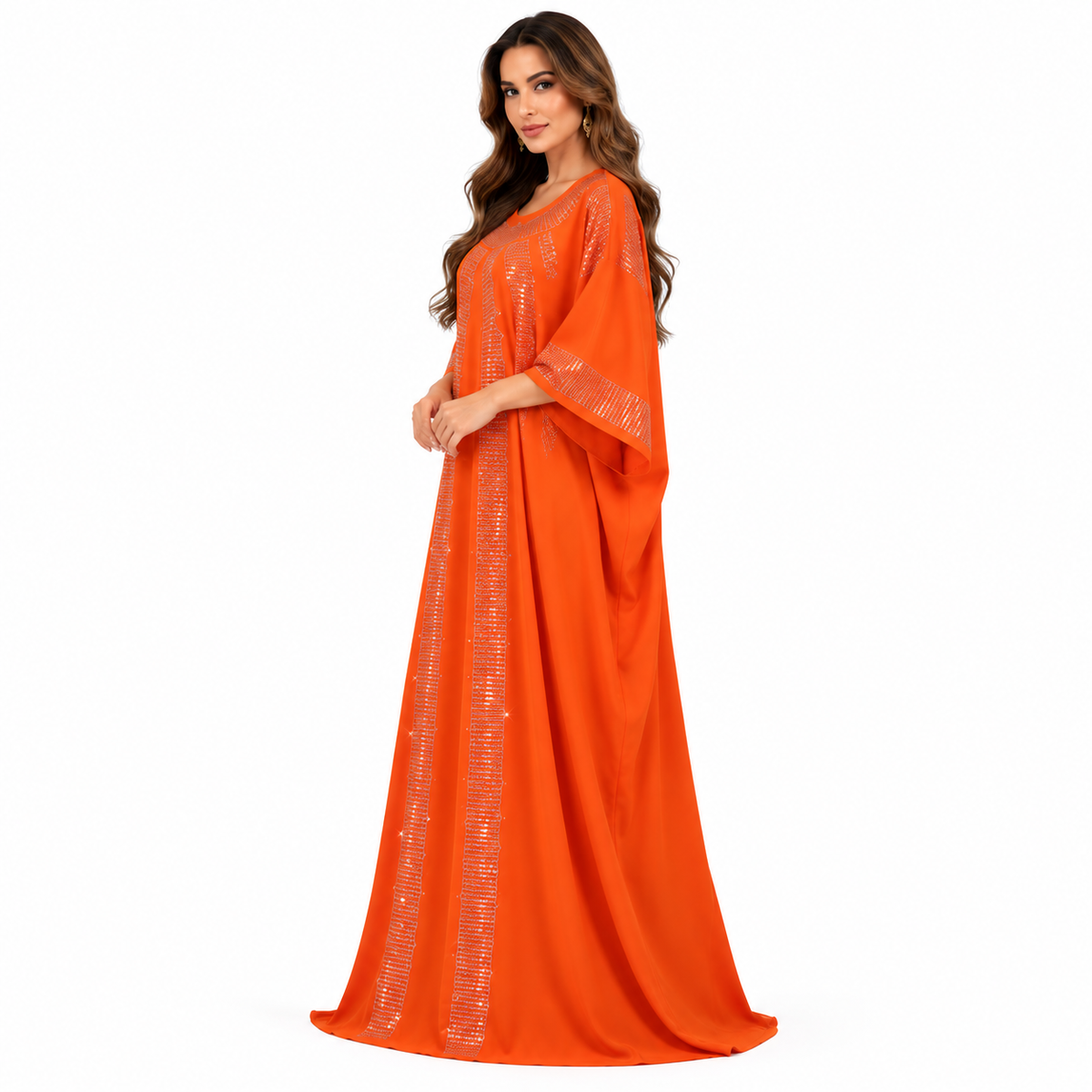 Orange Silver Embellished Sequin Baju Kaftan